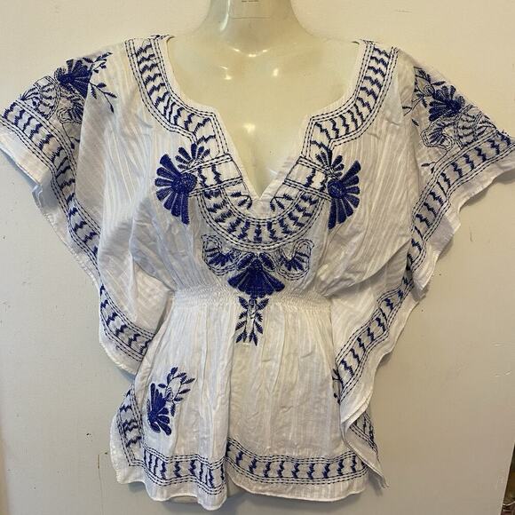 Y2K Uno Core Kimono Top Blouse White Blue Embroidered Coastal Beach Boho Women S - Picture 5 of 8